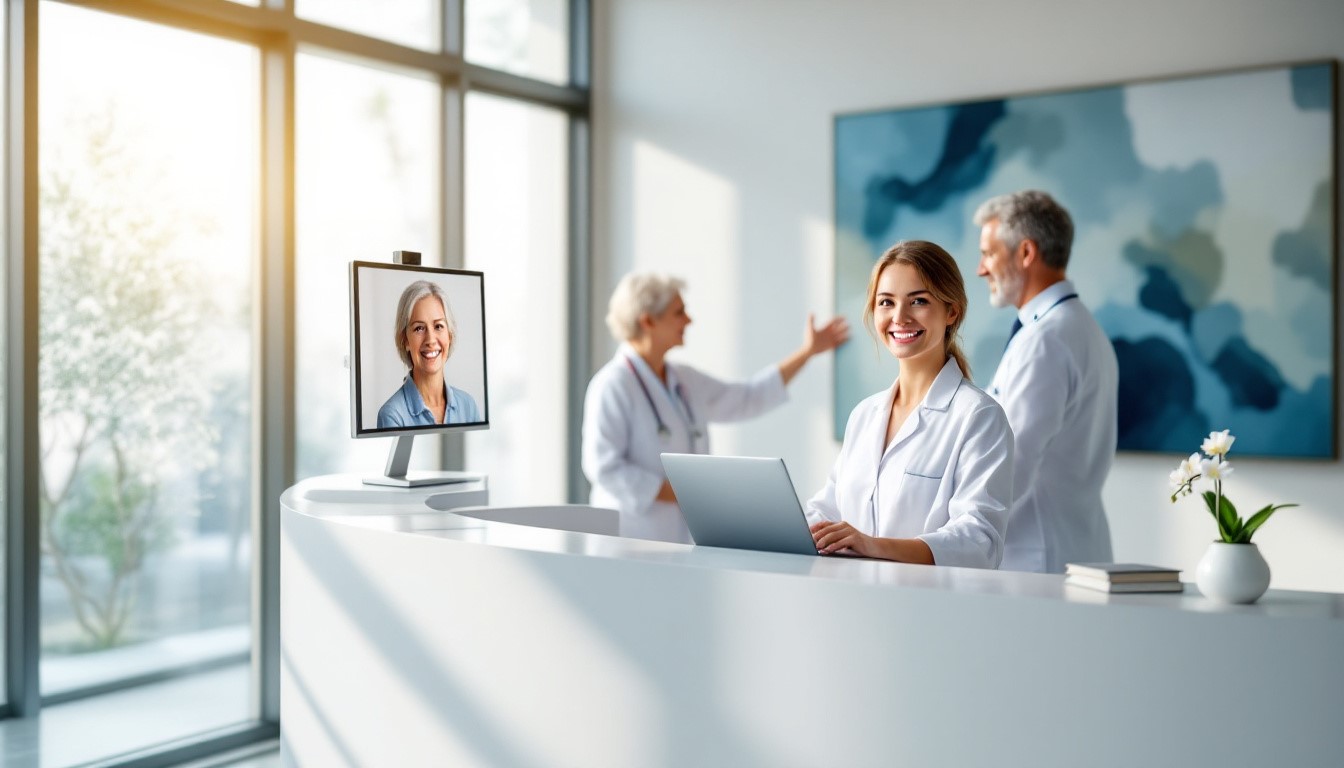 Virtual medical receptionist assisting patients remotely with telemedicine, improving healthcare communication and efficiency.