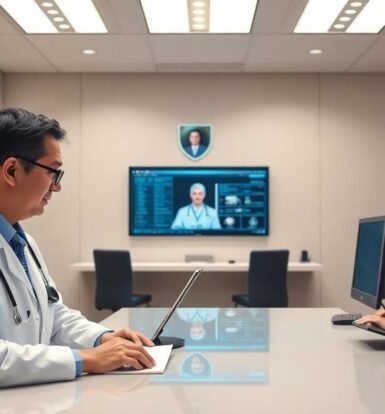 Doctor using a Virtual Assistant for Electronic Health Records while a nurse manages patient data on a computer in a modern medical office.