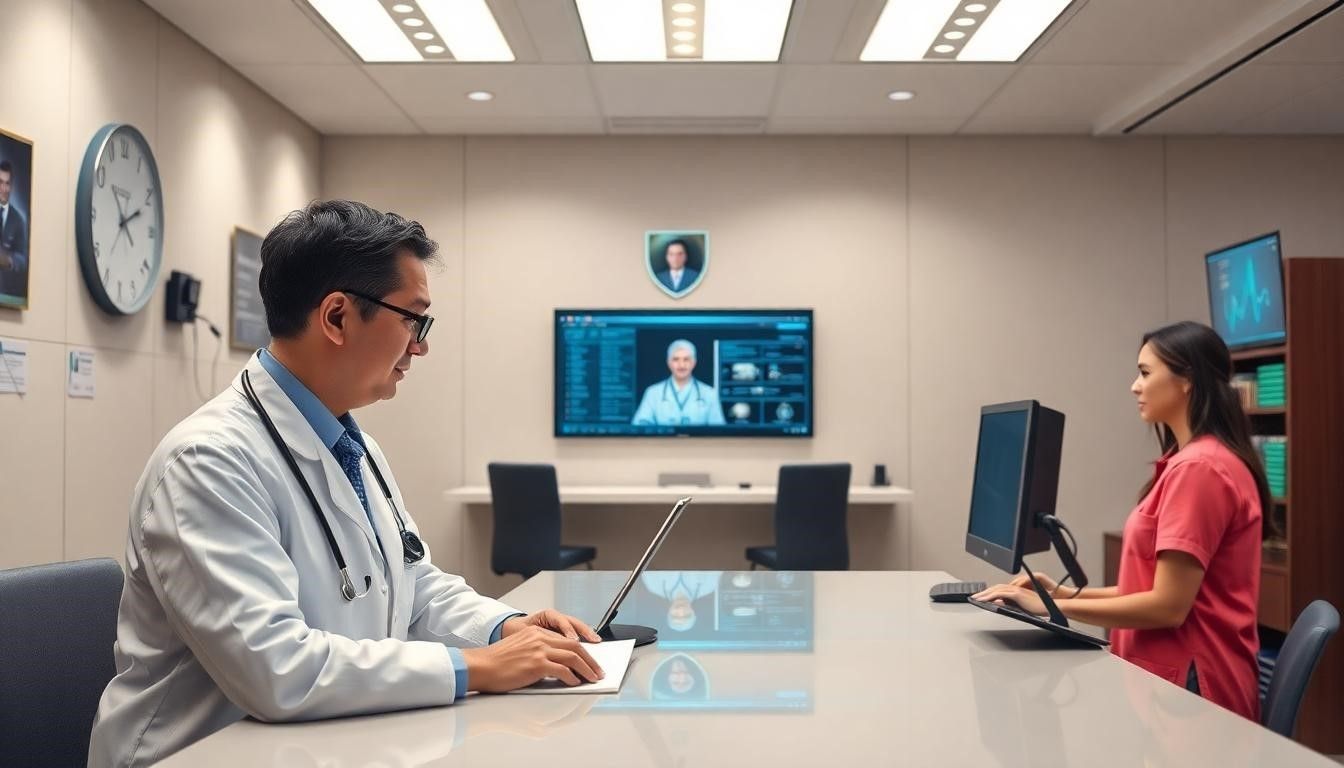 Doctor using a Virtual Assistant for Electronic Health Records while a nurse manages patient data on a computer in a modern medical office.