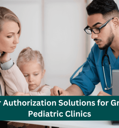 A pediatric doctor in blue scrubs consulting a mother and her young daughter at a clinic. The text overlay highlights the best prior authorization solutions for Greensboro pediatric clinics.