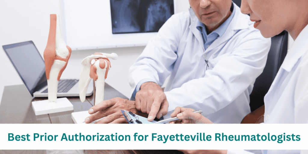 A rheumatologist in Fayetteville discusses joint health with a patient while reviewing prior authorization for treatments, with knee and joint models displayed.