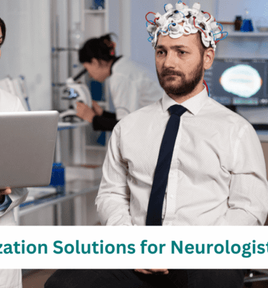 A neurologist reviewing patient data on a laptop while a male patient undergoes a neurological test with electrode sensors attached to his head.