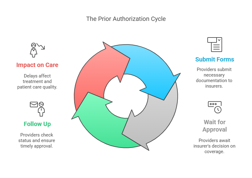 Illustrating the Prior Authorization Cycle, including Submit Forms, Wait for Approval, Follow Up, and Impact on Care.