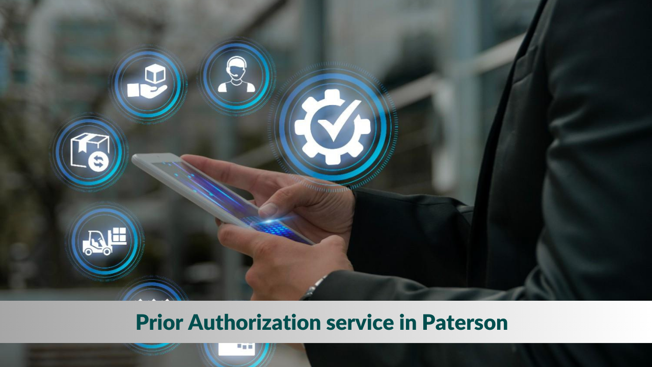 Businessman using tablet for healthcare admin tasks with icons representing prior authorization service in Paterson.