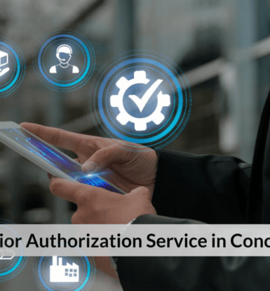 Person using a smartphone to manage prior authorization service in Concord healthcare facility, with digital icons representing efficiency.