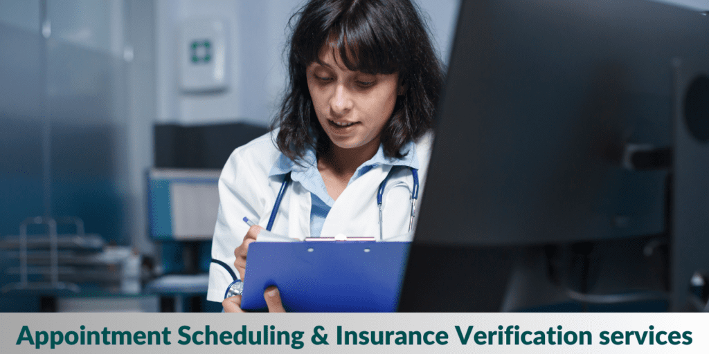 "Healthcare provider reviewing paperwork for appointment scheduling and insurance verification services"