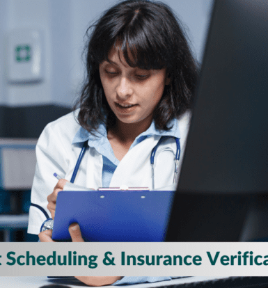 "Healthcare provider reviewing paperwork for appointment scheduling and insurance verification services"