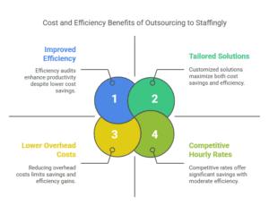 Cost and efficiency benefits of outsourcing to Staffingly, showcasing improved efficiency, tailored solutions, lower overhead costs, and competitive hourly rates.