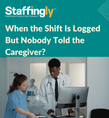 Caregiver looking confused after missing a scheduling update in a healthcare setting.