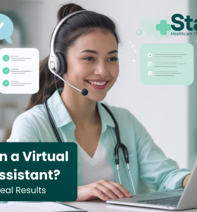 “Virtual medical assistant on training call at home office simulating a patient intake conversation in healthcare setting”