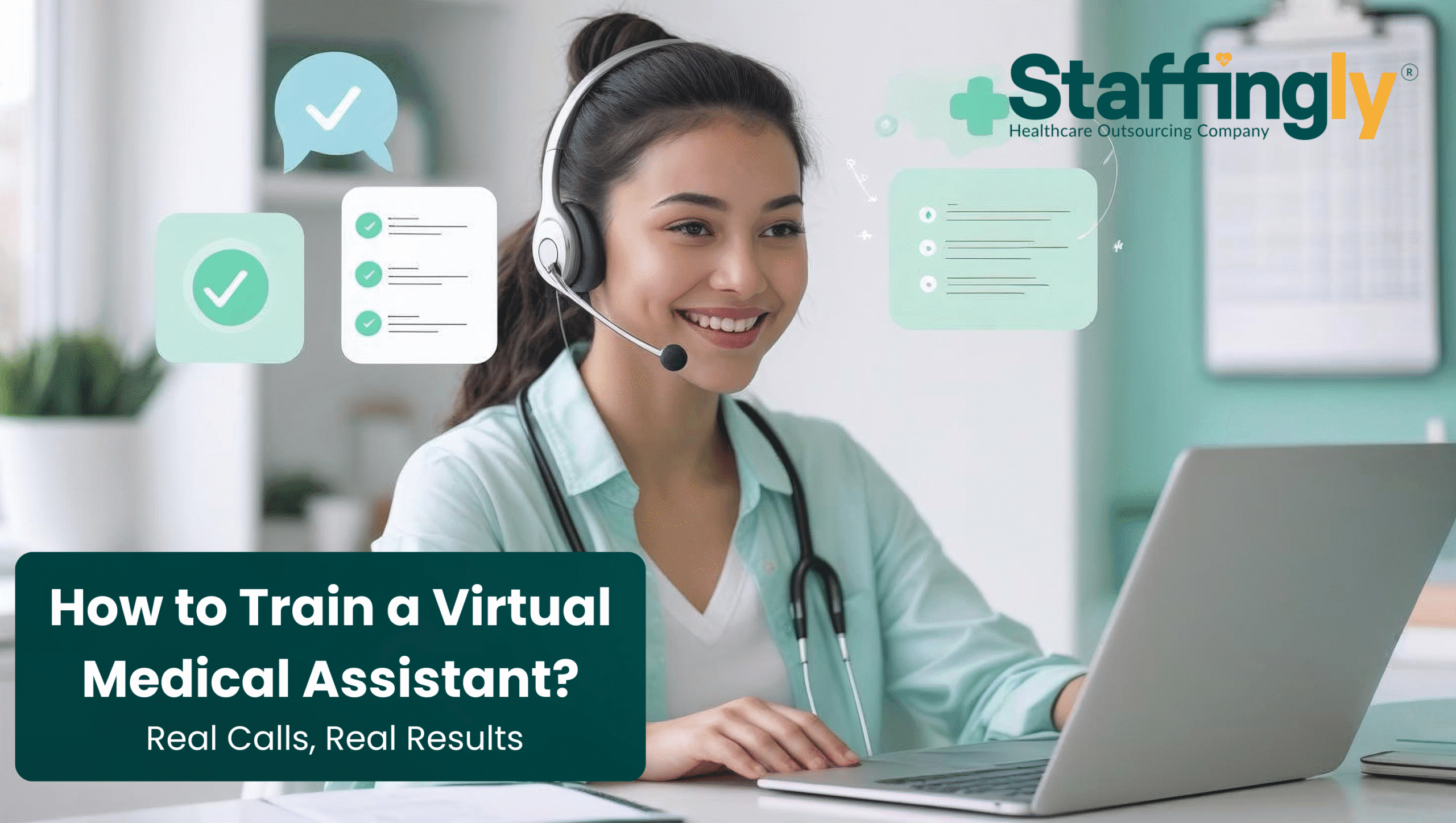 “Virtual medical assistant on training call at home office simulating a patient intake conversation in healthcare setting”
