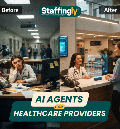 Healthcare professional using AI voice assistant at a modern hospital reception desk – illustrating how AI is transforming administrative operations and reducing staff workload.