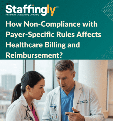 Image of a healthcare provider reviewing payer-specific rules and medical codes for compliance.