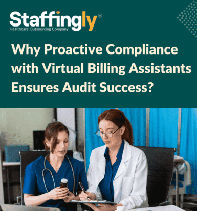 Healthcare administrator reviewing billing compliance with a virtual assistant on screen