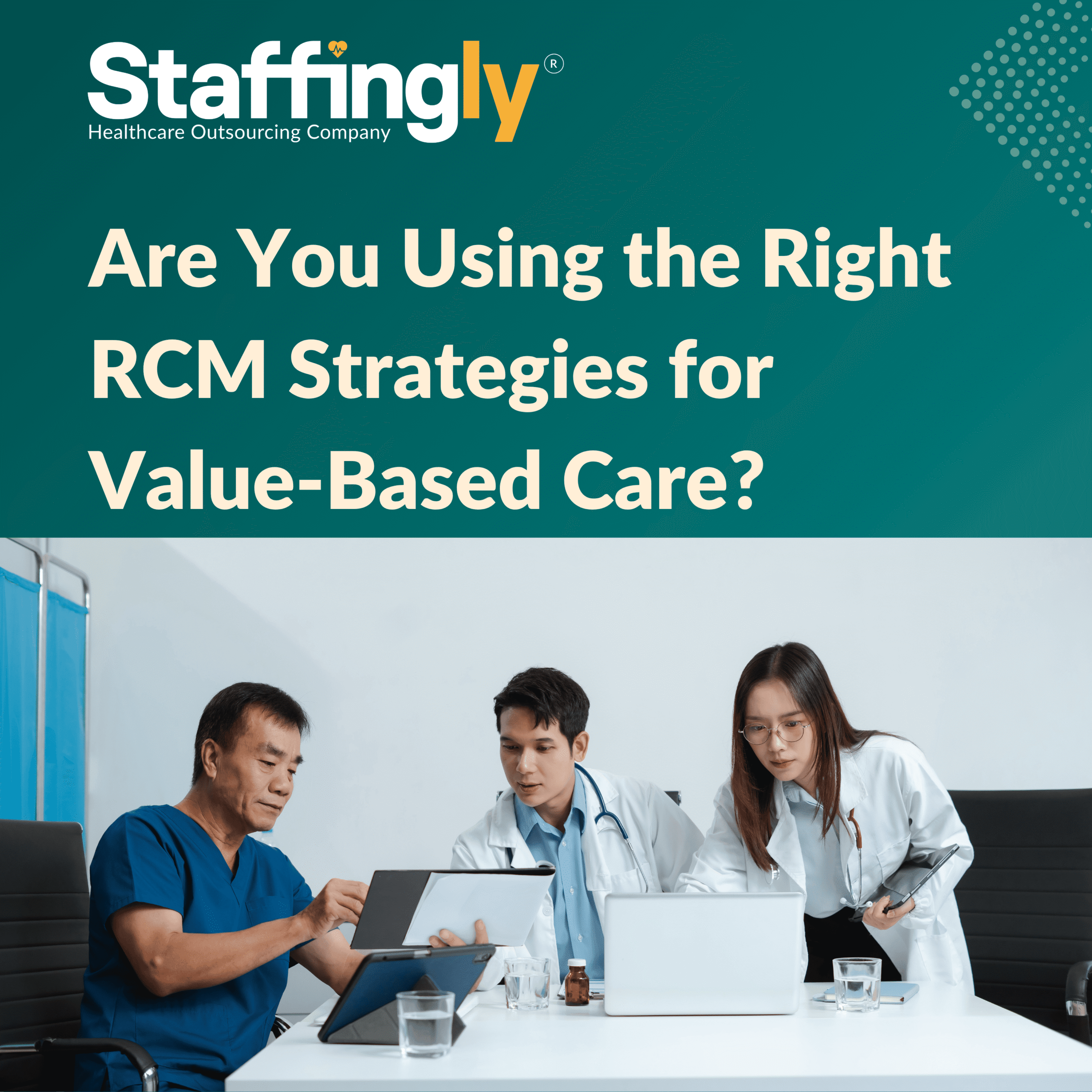 A healthcare team reviewing performance dashboards for value-based reimbursement tracking