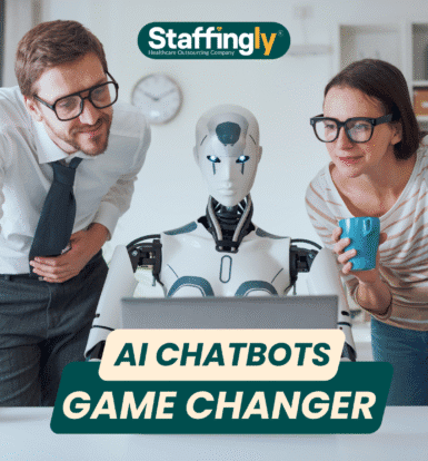 ibrant thumbnail featuring healthcare professionals interacting with an AI chatbot robot at a desk, with bold text "GAME-CHANGER ALERT! AI Chatbots You Can’t Ignore" and Staffingly branding, highlighting the integration of AI in healthcare.