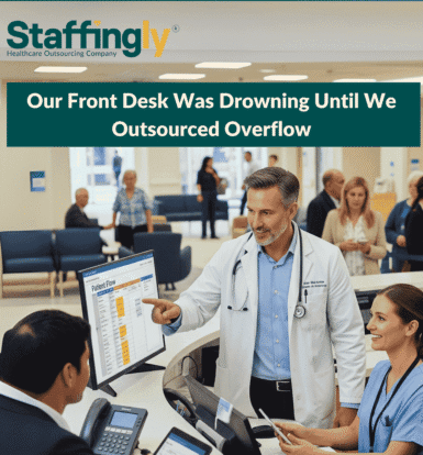 Infographic illustrating the benefits of outsourcing front desk operations, highlighting faster response times, better patient retention, and more.