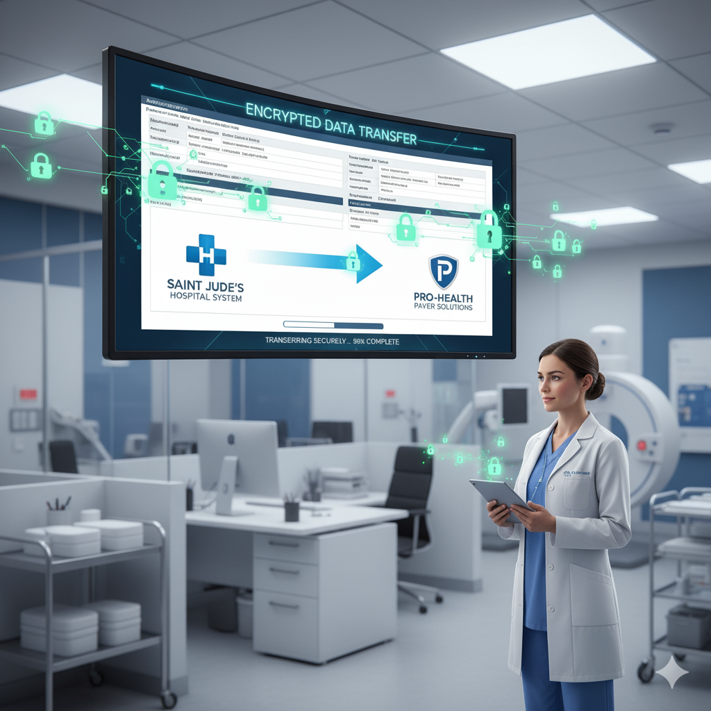 A healthcare professional monitors an encrypted data transfer between Saint Jude's Hospital System and Pro-Health Payer Solutions, with lock icons symbolizing security.