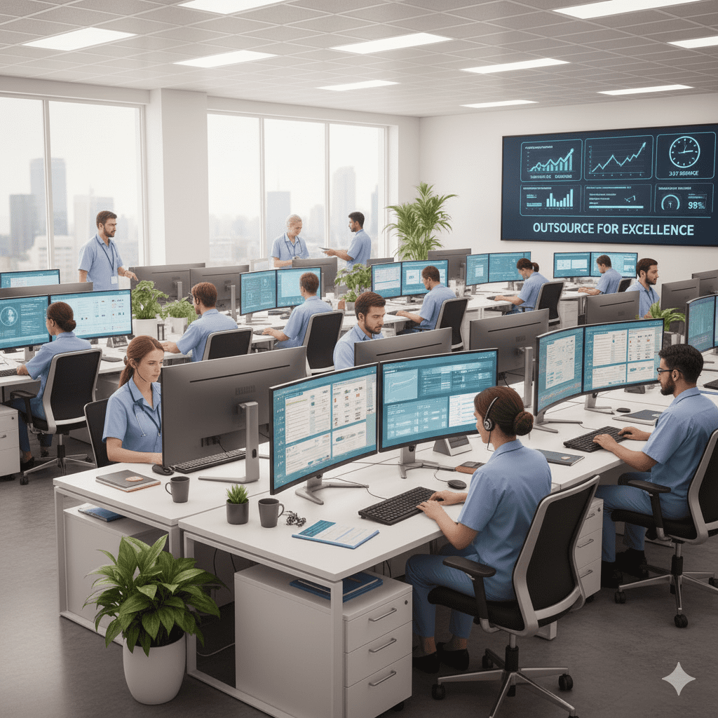 A busy healthcare office with a team of professionals working efficiently, including staff members using advanced technology and digital tools to streamline healthcare eligibility verification. The image should convey a sense of teamwork and accuracy, with a focus on speed and professionalism. There could be visual elements like computer screens with clear insurance data, digital communication tools, and a clock showing 24/7 service. The mood should be positive, highlighting the benefits of outsourcing, including reduced operational costs, faster processing, and enhanced patient care. The setting should feel modern, organized, and efficient.