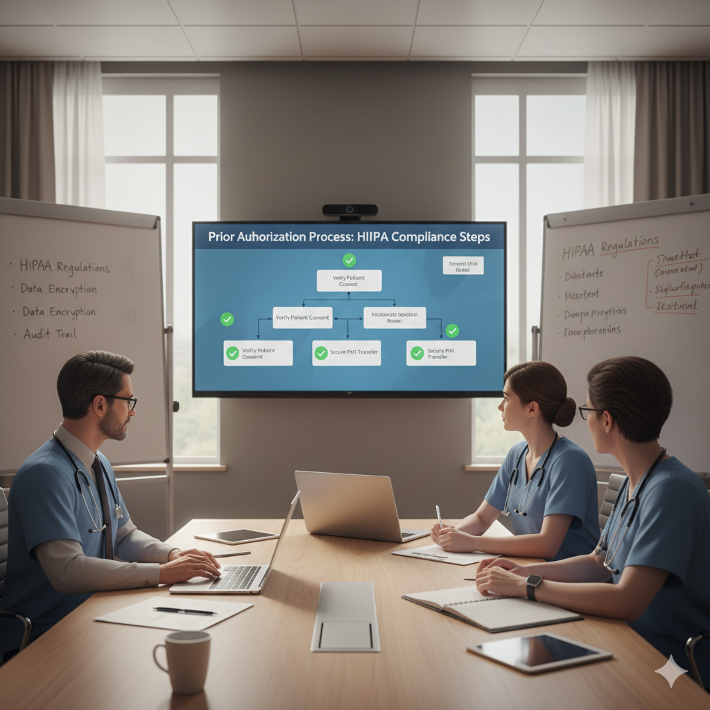 Healthcare professionals reviewing HIPAA compliance steps.
