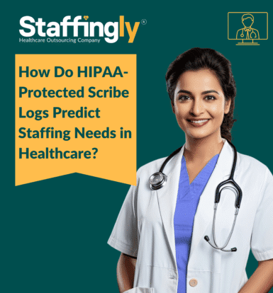 Doctor using HIPAA-compliant scribe logs dashboard to predict staffing needs in a hospital setting.