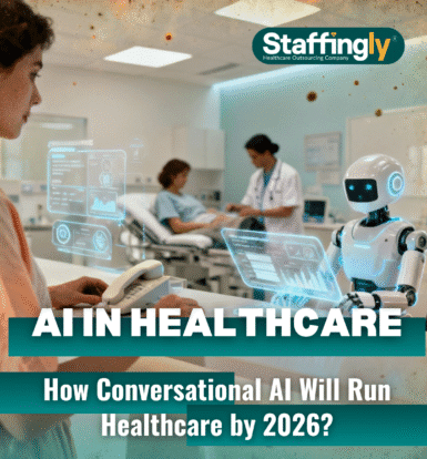 Futuristic healthcare environment showing doctors and AI assistants collaborating in a modern hospital setting, symbolizing how conversational AI will automate healthcare administration by 2026