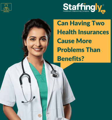 Healthcare professional reviewing patient insurance documents, highlighting confusion and administrative challenges caused by dual coverage.