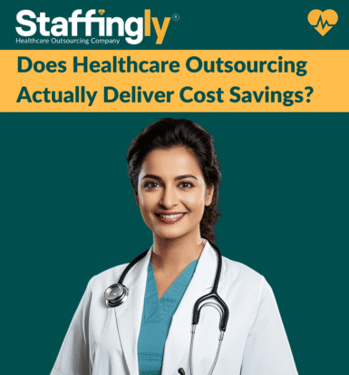 Healthcare professionals discussing outsourcing cost savings in hospitals and clinics