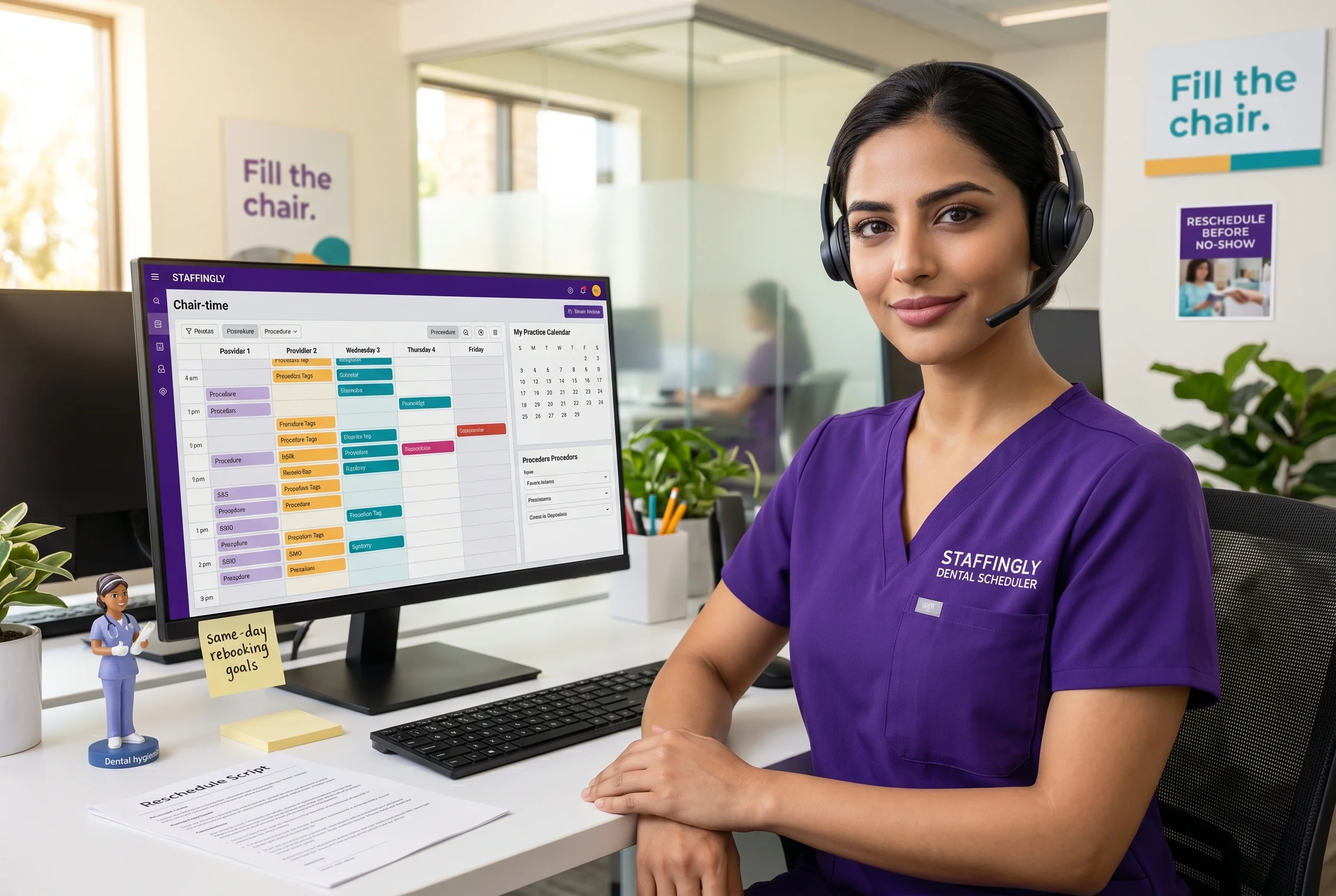 Trained Staffingly dental support specialist managing calls, scheduling, and patient messages