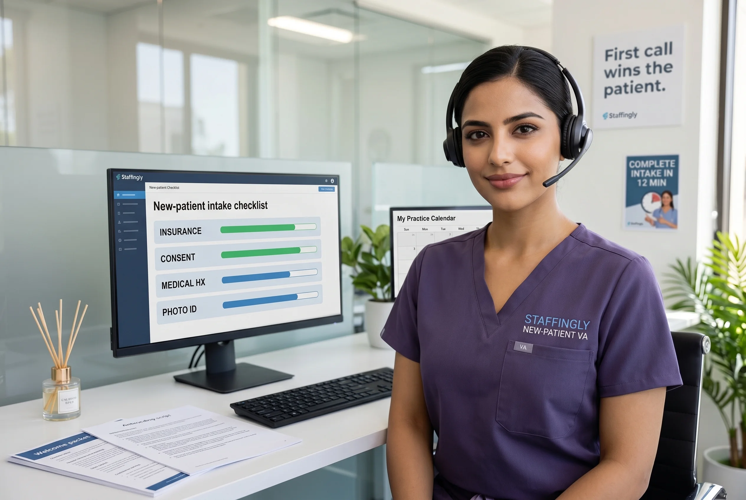Trained Staffingly dental support specialist managing calls, scheduling, and patient messages