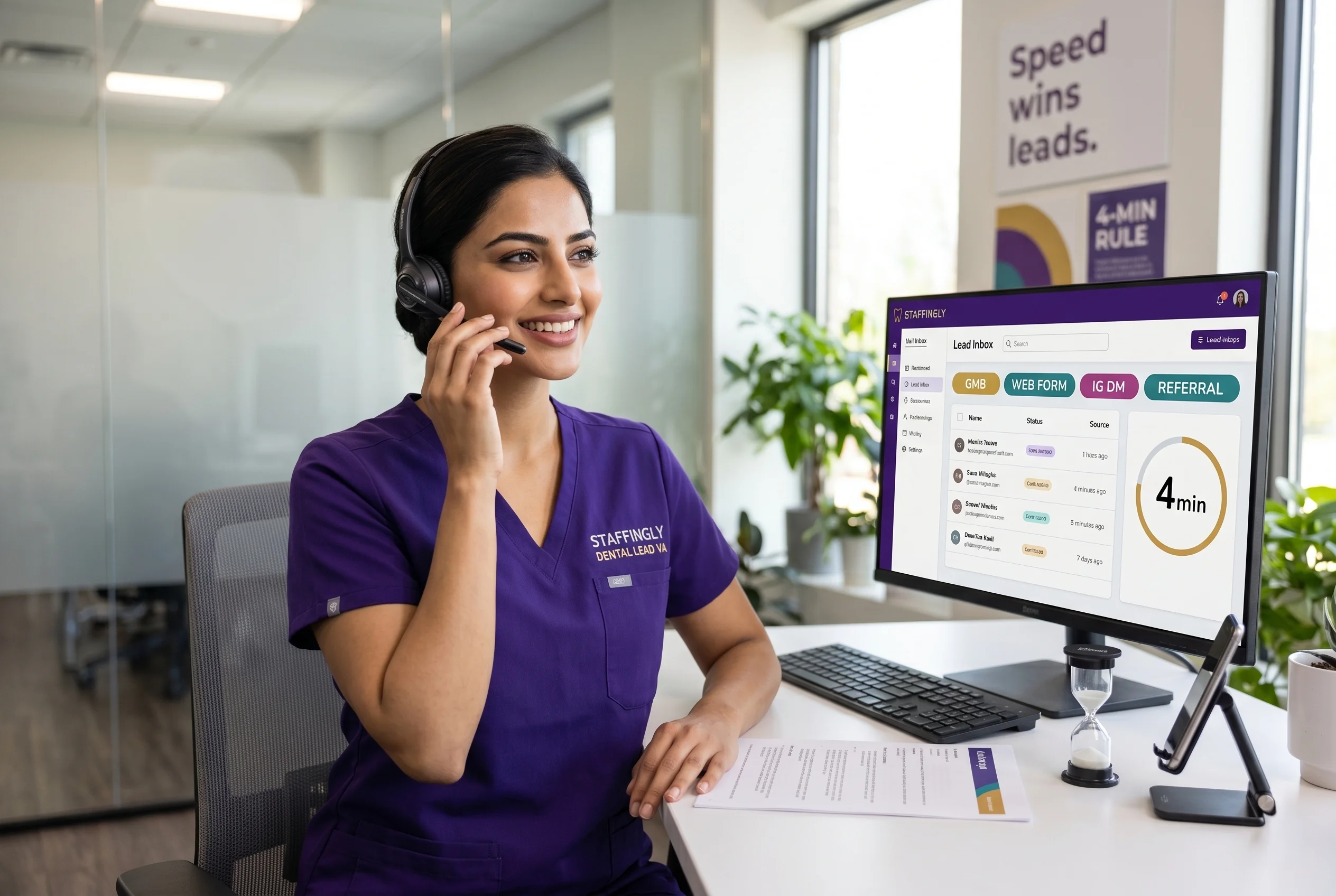 Trained Staffingly dental support specialist managing calls, scheduling, and patient messages