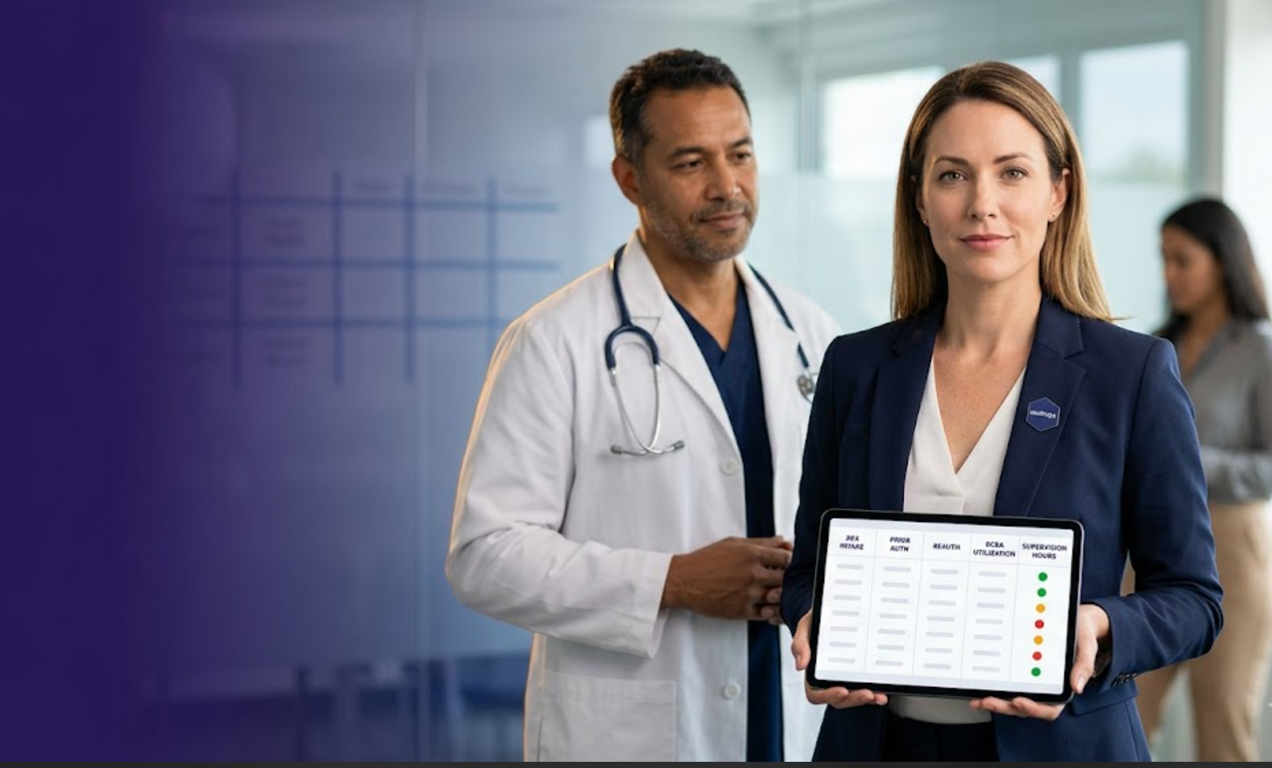 Clinical director of a national ABA and behavioral health network reviewing waitlist and authorization performance across affiliated practices supported by Staffingly's AAPC-credentialed behavioral health coding specialists, BCBA credentialing pod, and overseas-educated front-office operators across ABA authorization, BCBA credentialing, insurance verification, RCM, and waitlist management workflows.
