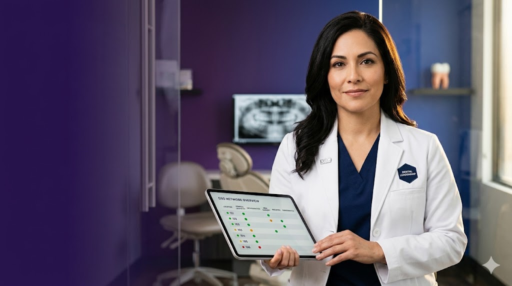 Senior DSO executive reviewing multi-location dental network performance dashboard supported by Staffingly's AAPC-credentialed dental coding specialists and overseas-licensed front-desk operators across credentialing, insurance verification, prior authorization, RCM, and virtual medical assistant workflows.