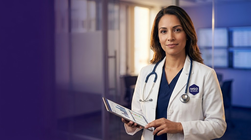 Senior medical director reviewing affiliated practice performance dashboard for an MSO supported by Staffingly's overseas-licensed and educated healthcare professionals across prior authorization, credentialing, RCM, and virtual medical assistant workflows.