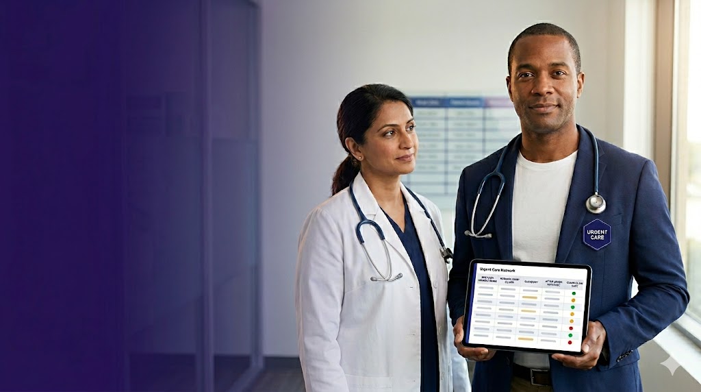 Regional operations director of a multi-site urgent care network reviewing patient throughput, provider credentialing status, and workers comp claim performance across every clinic, supported by Staffingly's AAPC-credentialed coding specialists, high-volume credentialing pod, and overseas-licensed and educated front-office operators across eligibility, prior authorization, workers comp billing, RCM, and after-hours call coverage workflows.
