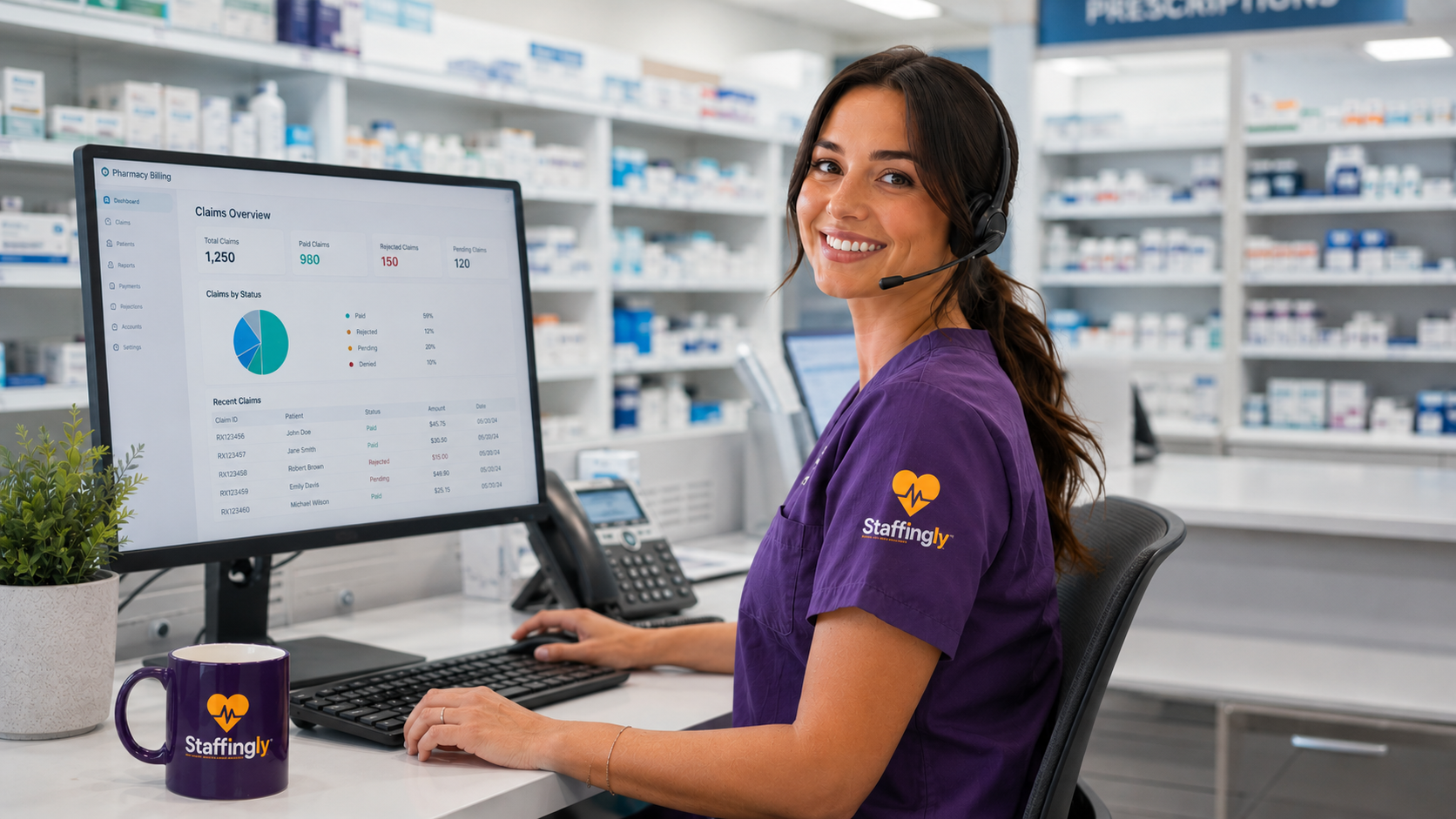 Outsourced pharmacy billing and back-office specialist at a workstation