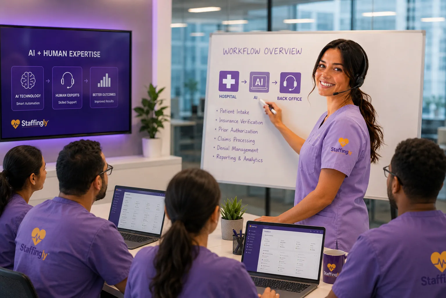 Staffingly trainer walking a team of virtual medical assistants through an AI-assisted workflow covering patient intake, insurance verification, prior authorization, claims processing, denial management, and reporting