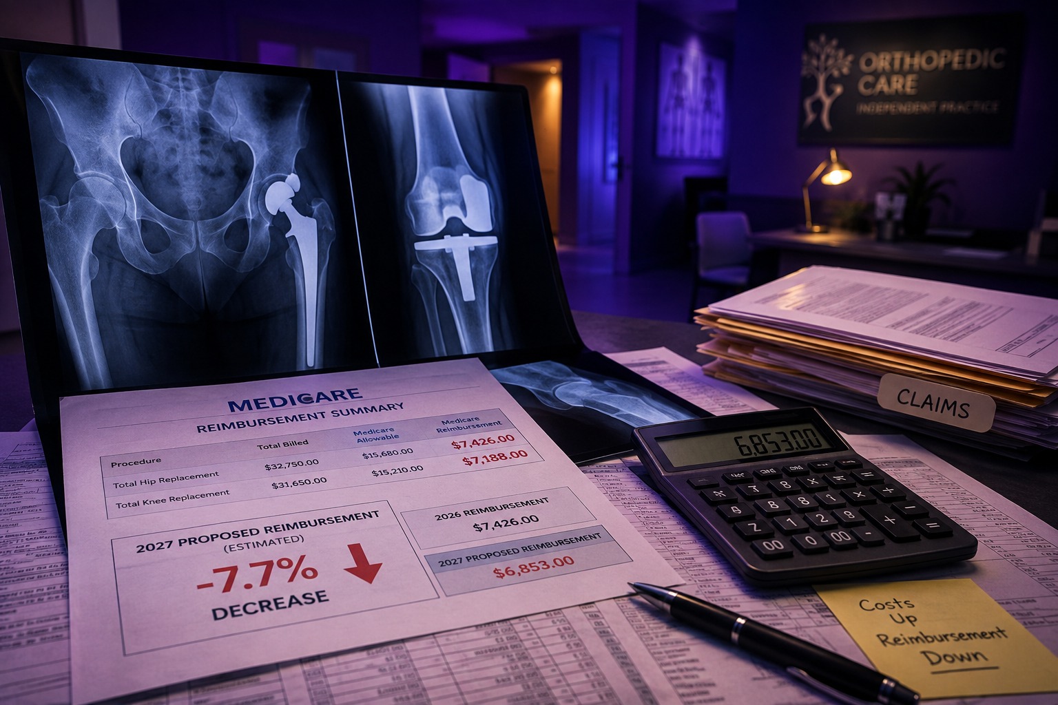 Independent orthopedic practice reviewing 2027 Medicare hip and knee reimbursement cuts and administrative cost pressure