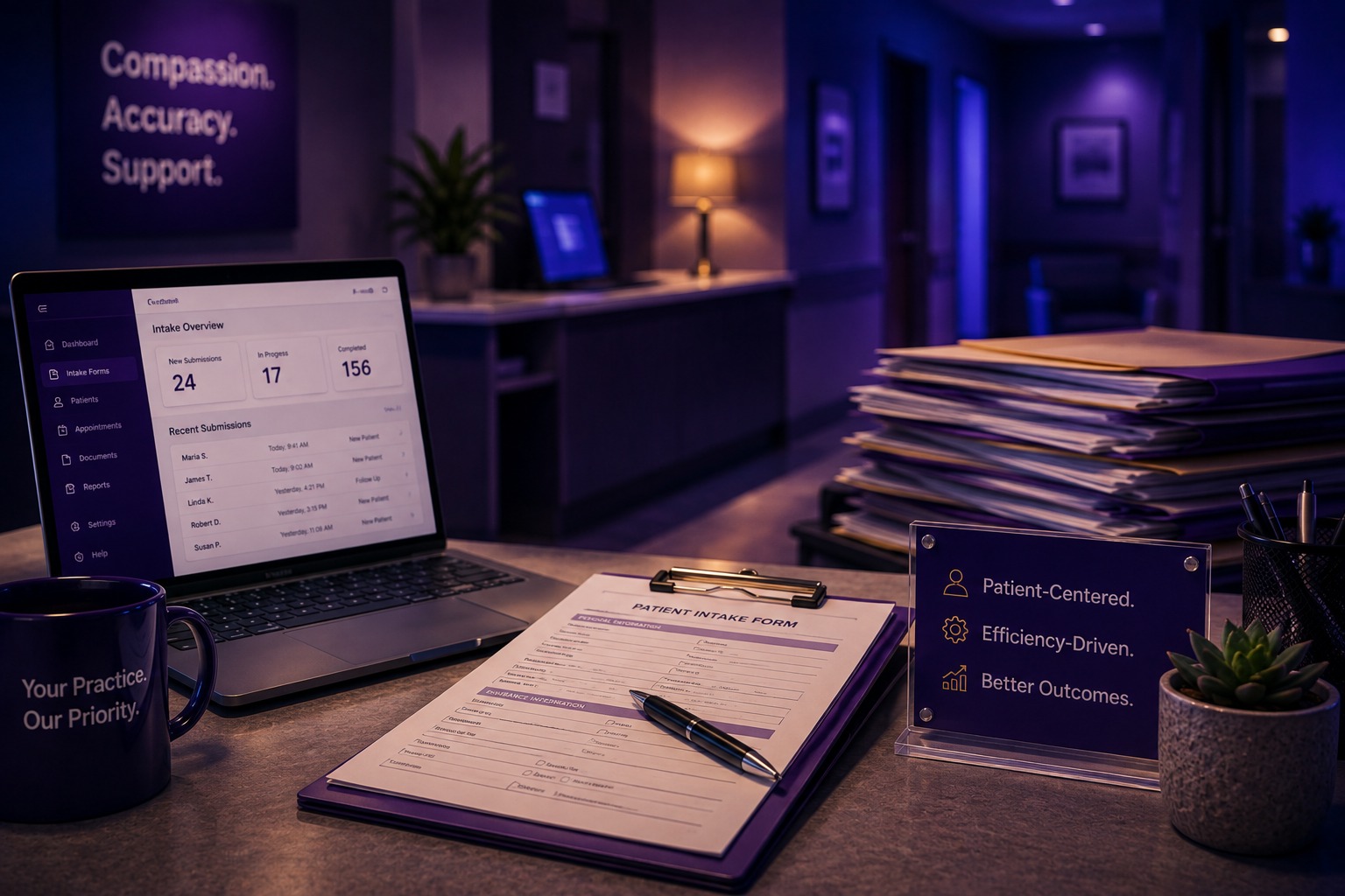 Front desk staff reviewing a digital patient intake form on a tablet next to unused paper intake clipboards