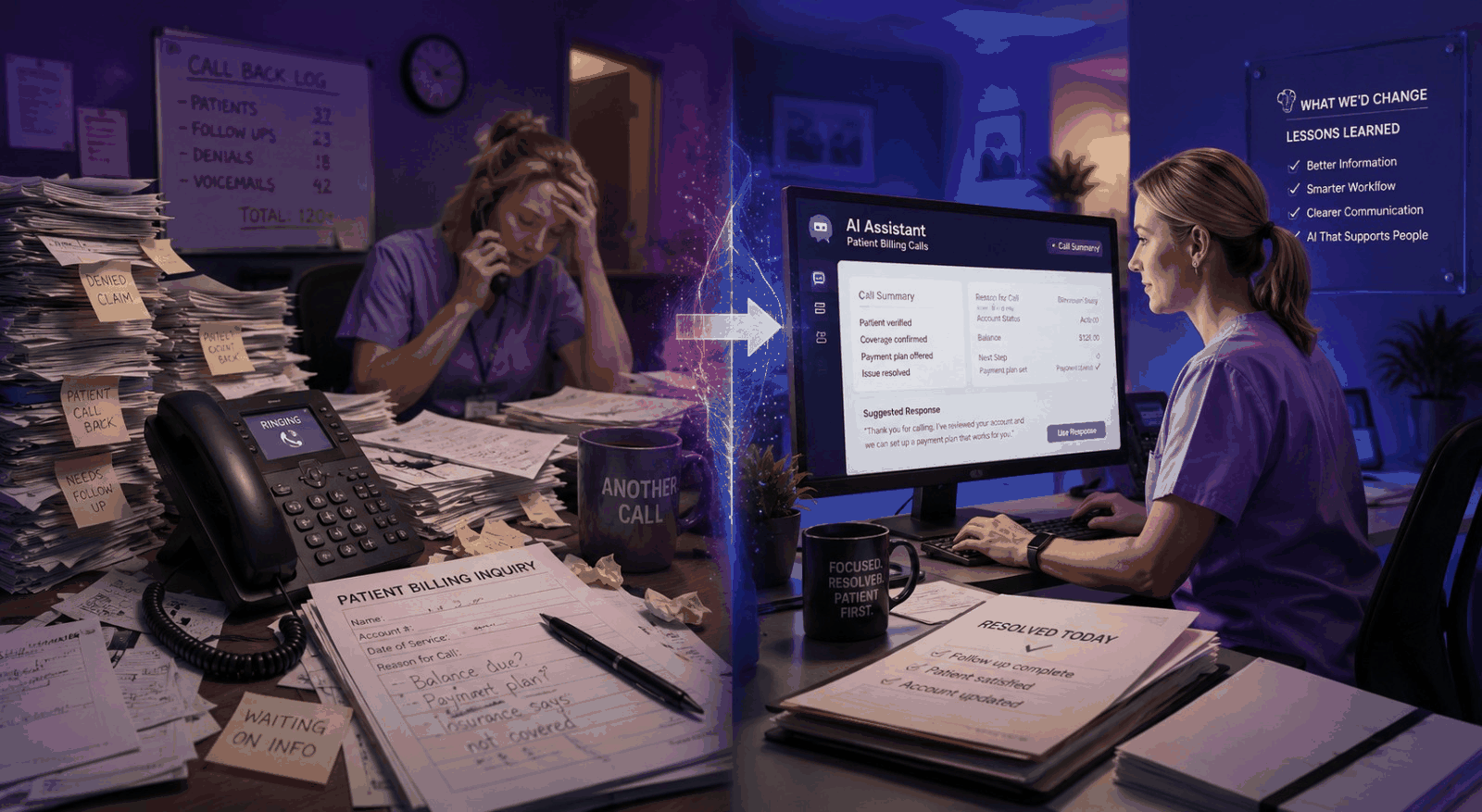 AI assistant handling a patient billing call with confidence-based routing to a live representative